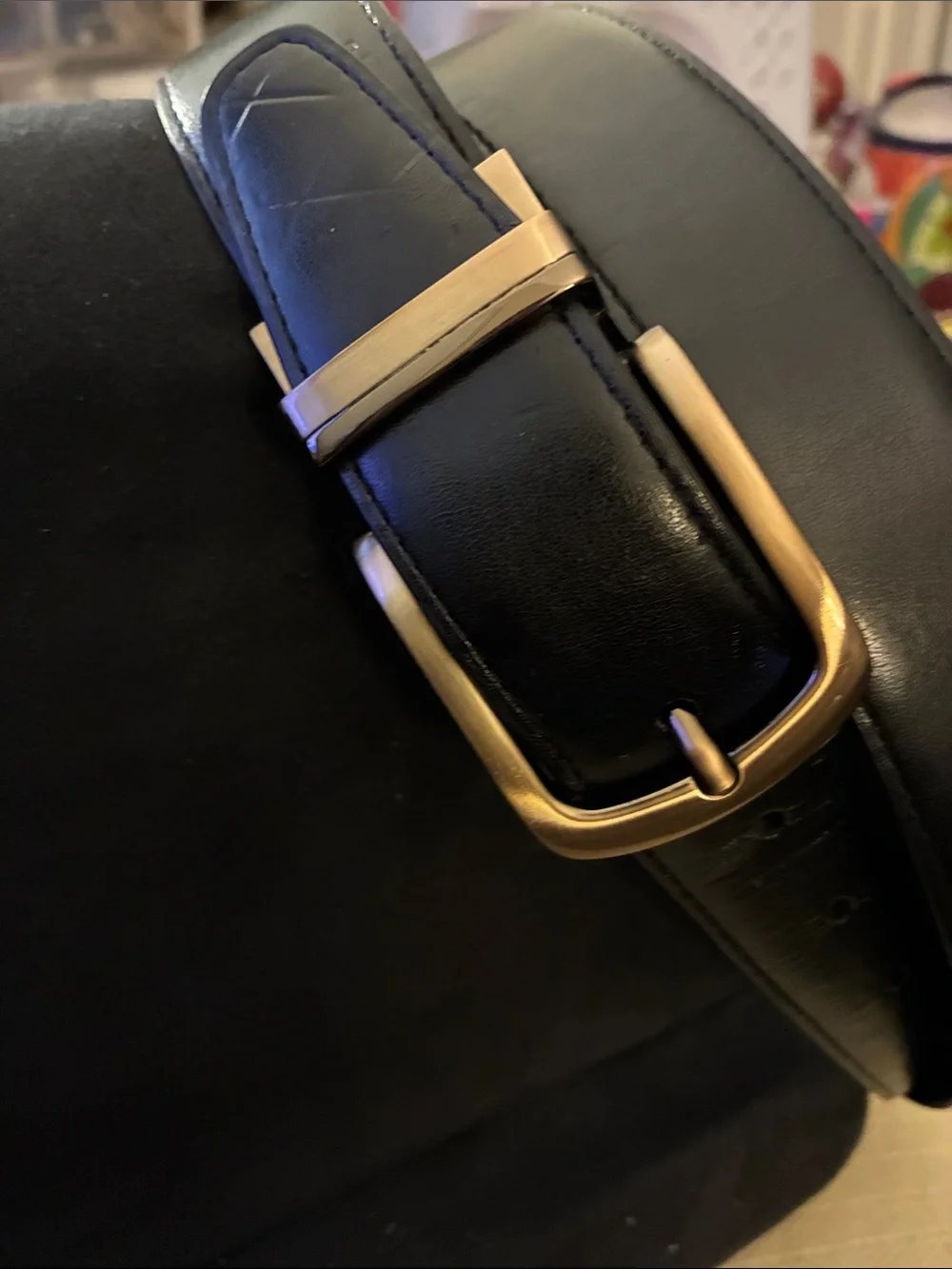 Perry Ellis Men's Black Leather Reversible Belt with Gold Buckle #521130